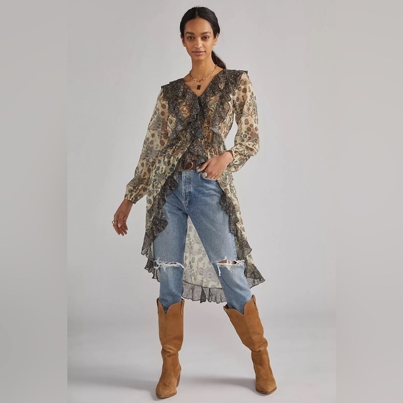 NWT Anthropologie LetMeBe Sheer Femme Maxi Button Down Long Sleeve Hi-Low Shirt - Picture 2 of 11